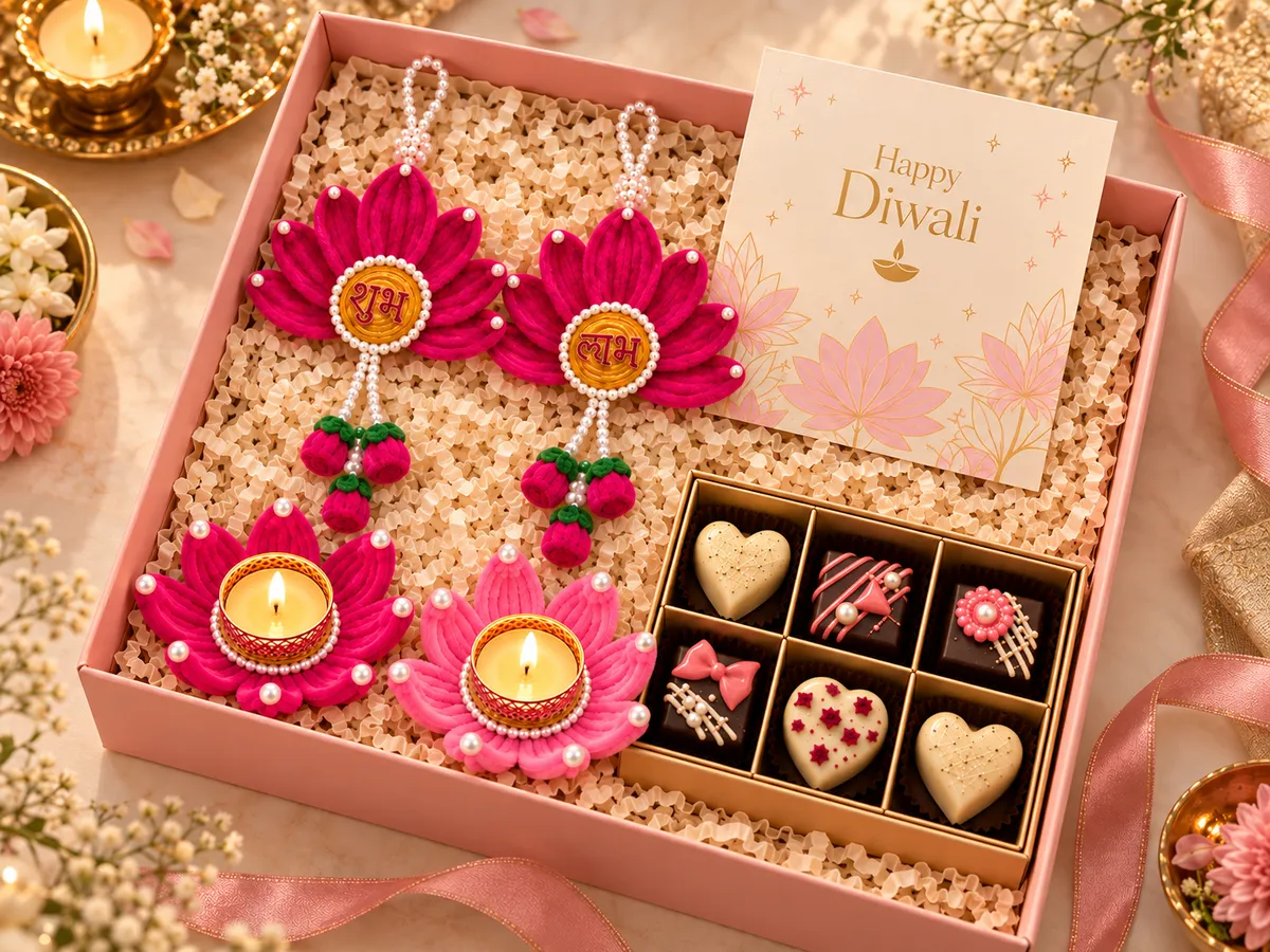The Heirloom hamper: Shubh Labh lotus hangings, two lotus diya holders, chocolates and a Diwali card