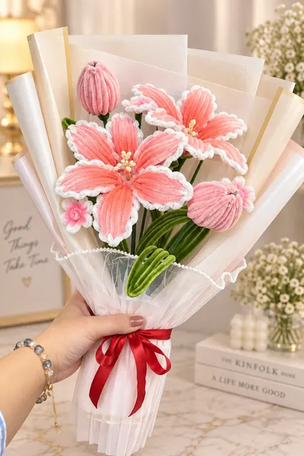 A pink lily and tulip bouquet tied with a red ribbon