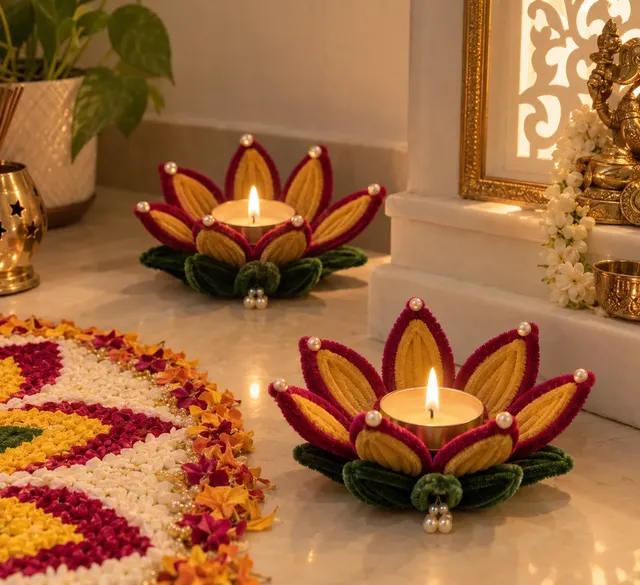 Maroon and gold lotus tea-light holders