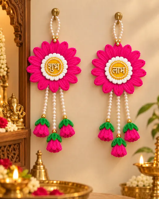 Pink Shubh Labh door hangings with rosebud tassels