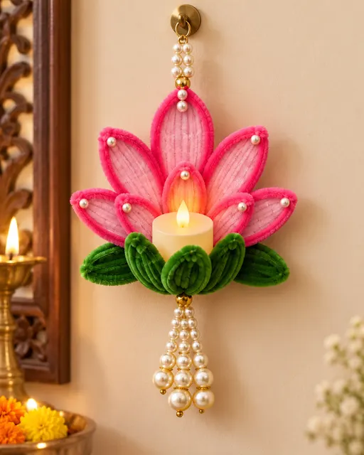 A lotus tea-light hanging with pearl strings