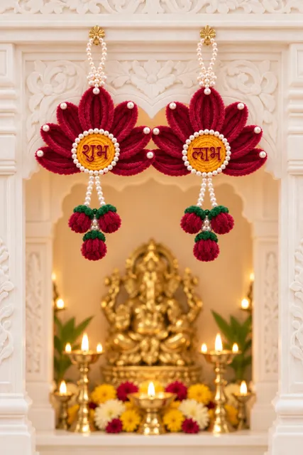 Maroon lotus Shubh Labh hangings with pearl strings