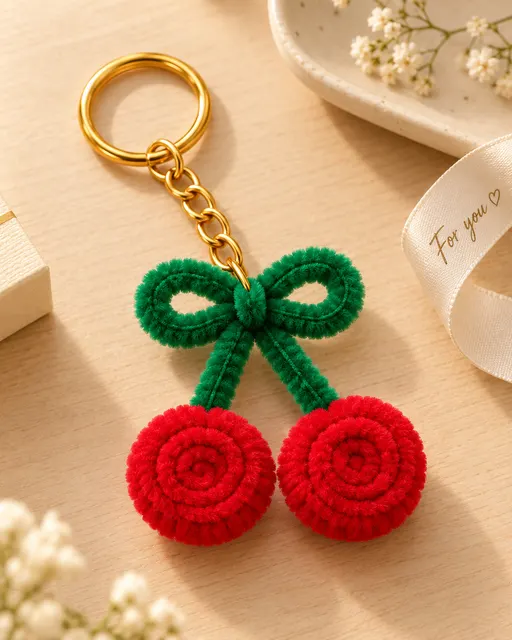 A cherry keyring with a green bow