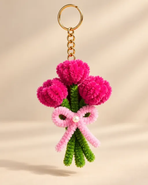 A rose bouquet keyring tied with a pink bow