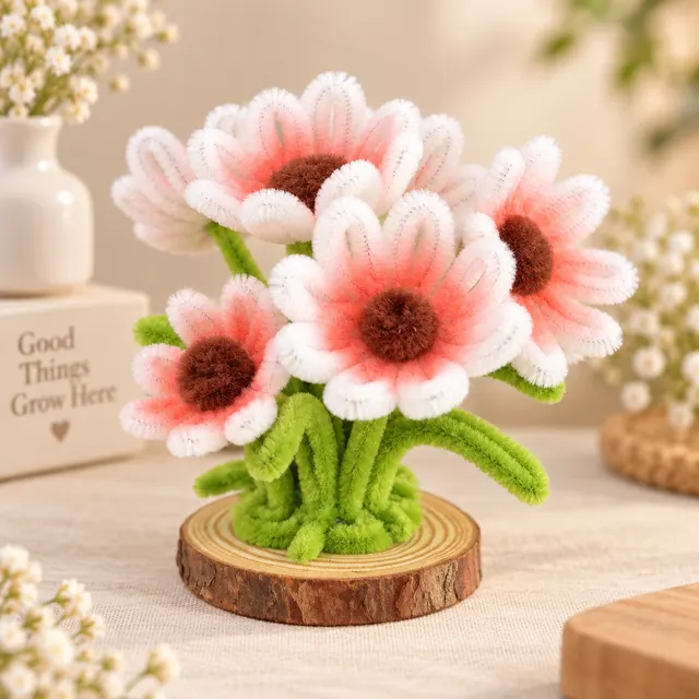 Pink and white daisies on a wooden base